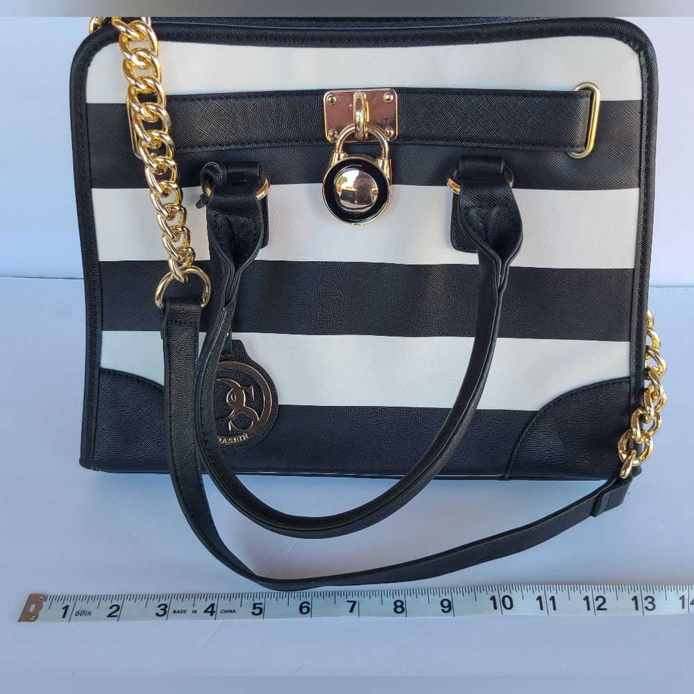 Black and White Striped Shoulder Bag with Gold Chain Accent